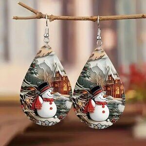 Wooden Christmas SNOWMAN Dangle Earrings